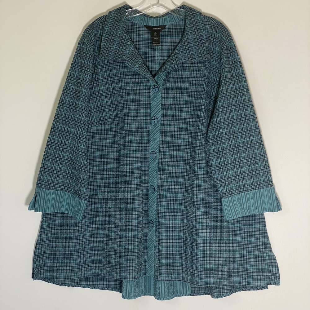 Ali Miles Top Womens 2X Blue Plaid Button Front Collared 3/4 Sleeve Tunic